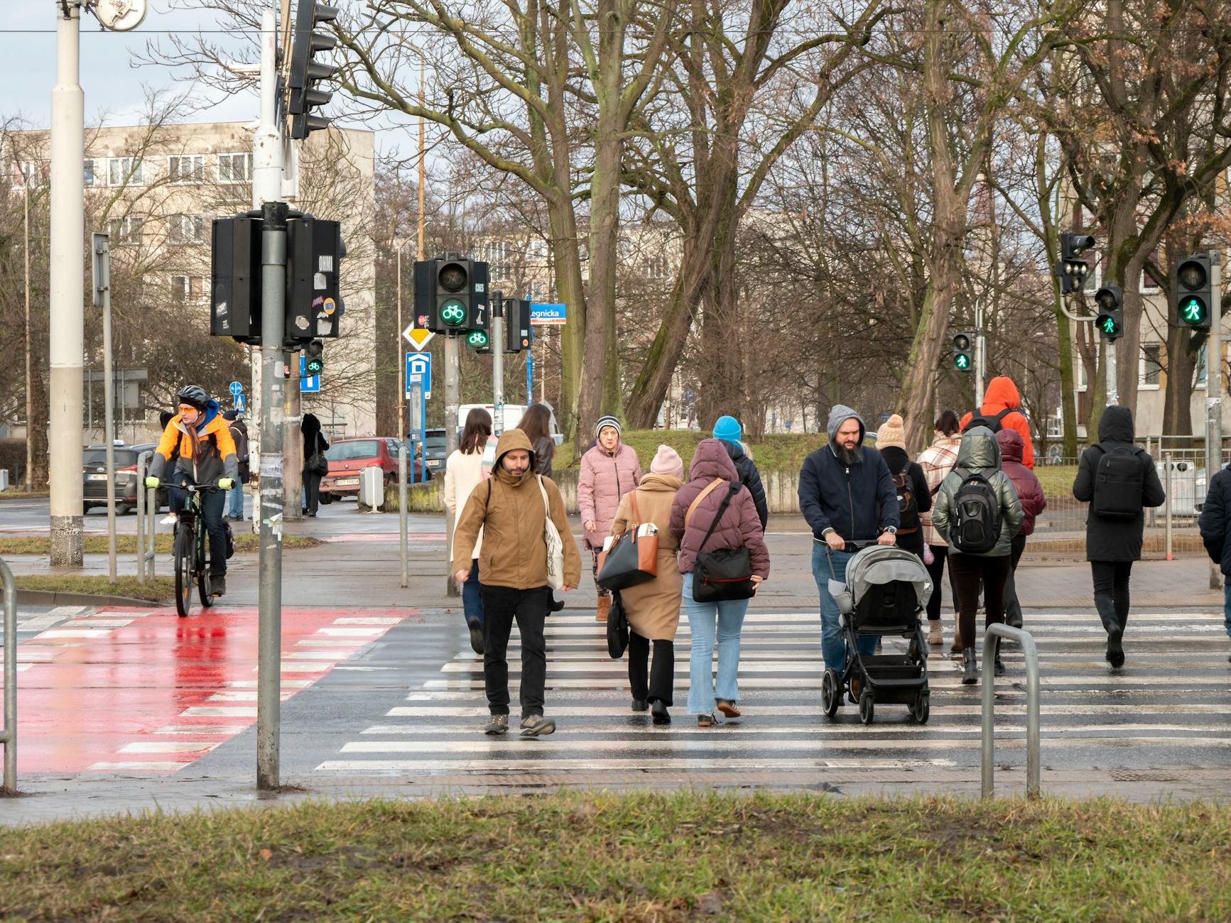 Ruchliwe zimowe przejście dla pieszych w amerykańskim mieście